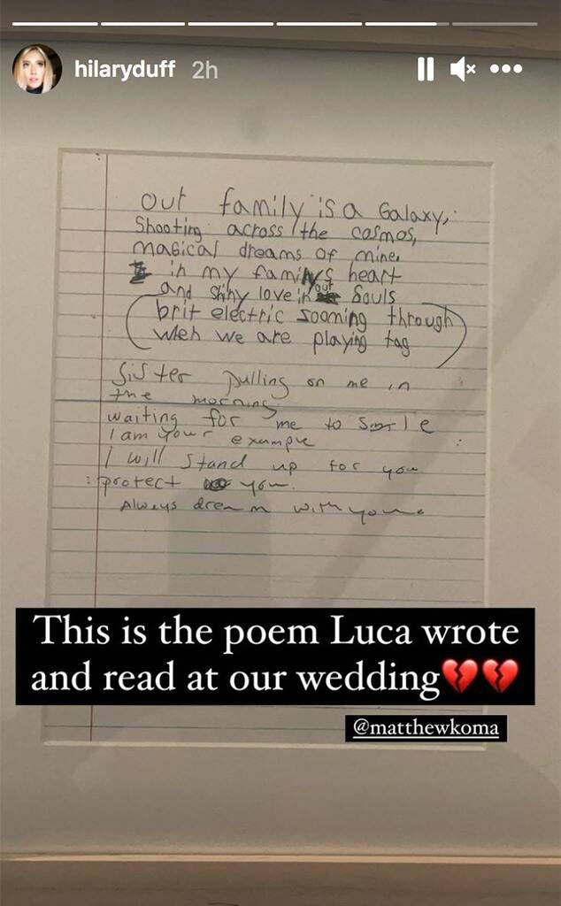 Hilary Duff unveils son Luca’s adorable poem for her wedding to Matthew Koma