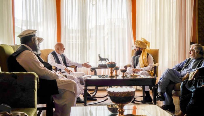 A Taliban delegation lead by Anas Haqqani meets former Afghan president Hamod Karzar and Abdullah Abdullah in Kabul. -Twitter