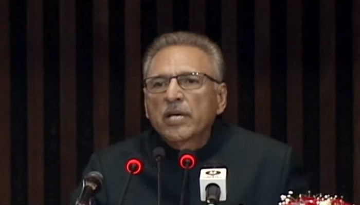 President of Pakistan Dr Arif Alvi addressing the joint session of the Parliament on Monday, September 13, 2021, at the Parliament House in Islamabad. Photo: Screengrab via Hum News Live