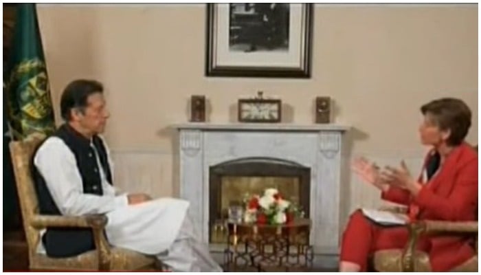 Prime Minister Imran Khan speaking to CNNs Becky Anderson in Islamabad on Wednesday, September 15, 2021. Photo: Screenshot via Hum News Live.