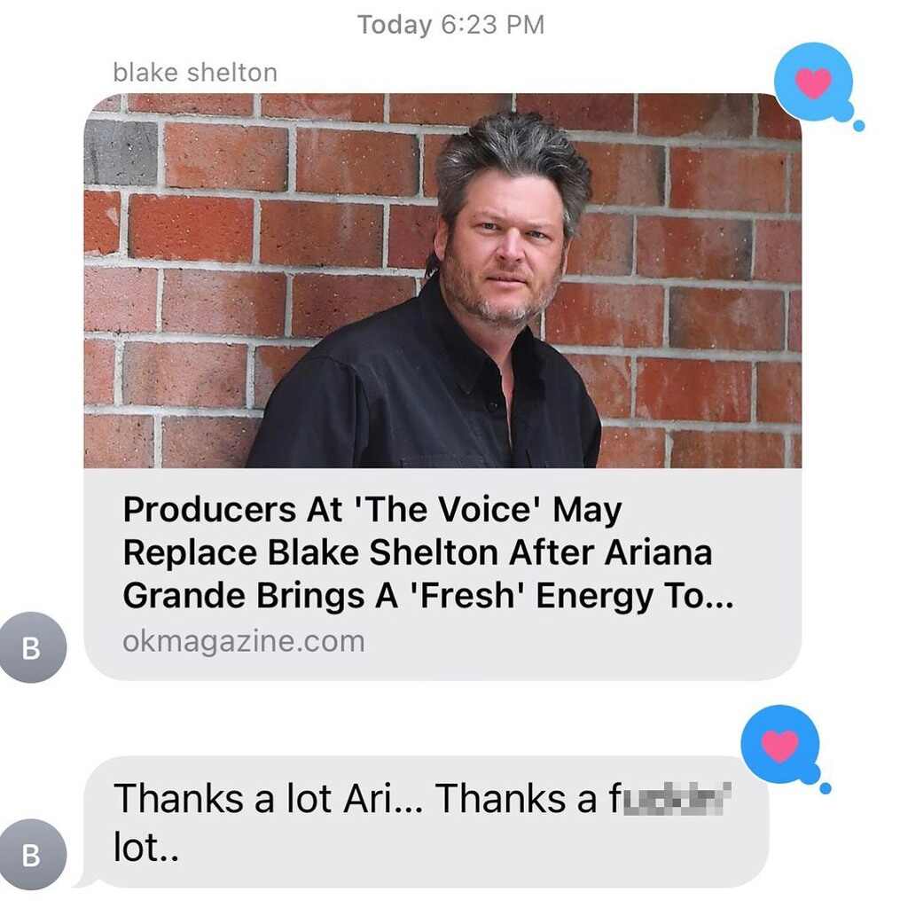 Blake Shelton sends expletive-filled text to Ariana Grande over explosive rumour