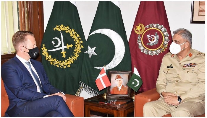 Danish Foreign Minister Jeppe Kofod in a meeting with COAS General Qamar Javed Bajwa. — ISPR