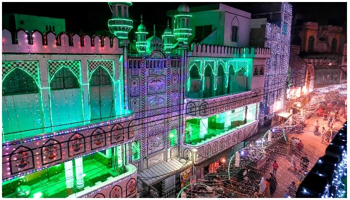 A mosque illuminated with lights as a celebration of Eid Milad un Nabi (PBUH) in Lahore. Photo: AFP