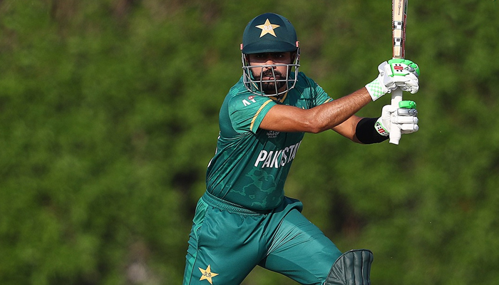Pakistan skipper Babar Azam hits a shot during a warm-up match for the ICC Mens T20 World Cup in Dubai on October 18, 2021. — Twitter/TheRealPCB