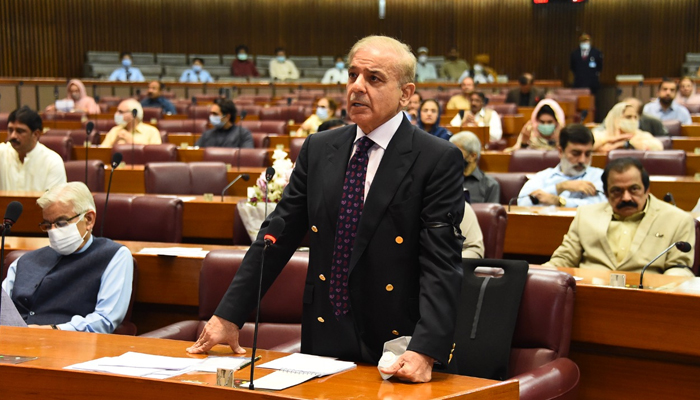 Leader of the Opposition in the National Assembly Shahbaz Sharif addressing the floor of the National Assembly in Islamabad, on October 18, 2021. — Twitter
