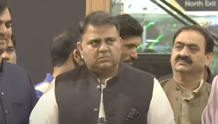 Federal Minister for Information Fawad Chaudhry speaks to reporters in Islamabad on October 18, 2021. — YouTube/HumNewsLive