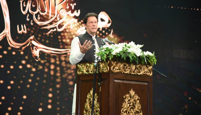 Prime Minister Imran Khan addressing the Rehmatul-lil-Alameen conference in Islamabad on the occasion of Eid Milad un Nabi on October 19, 2021. — PID