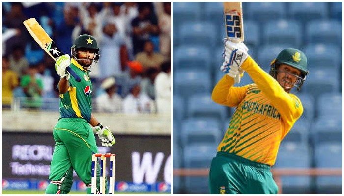 Pakistan skipper Babar Azam (L) and South African cricketer Quinton de Kock playing a shot. Photo: AFP