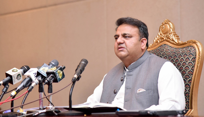 Information Minister Fawad Chaudhry addresses a press conference in Islamabad. — PID/File