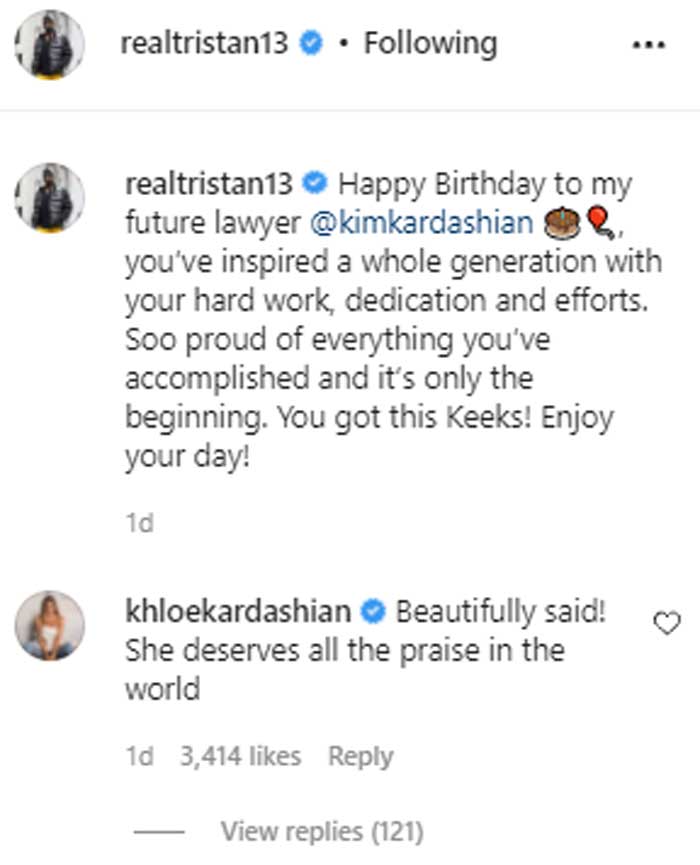 Khloe endorses Tristan Thompson’s remarks for Kim Kardashian
