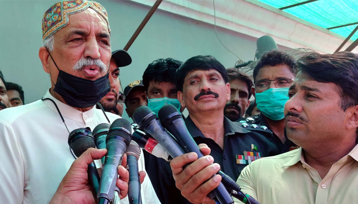PPP leader Khursheed Shah speaks to media in Sukkur on October 05, 2021. — PPI/File