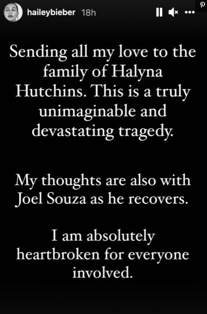 Hailey Bieber heartbroken after unimaginable death of Halyna Hutchins
