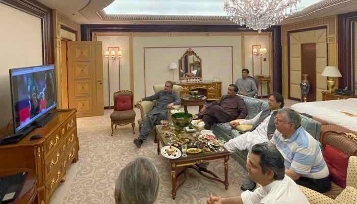 Prime Minister Imran Khan and federal cabinet members watching Pakistan vs India match in Saudi Arabia on October 24, 2021. — Twitter