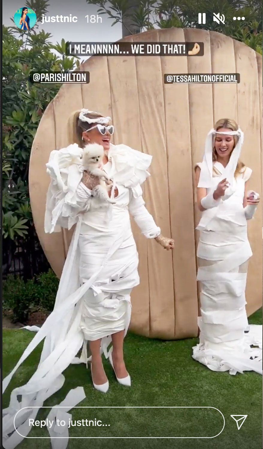 Paris Hilton creates a toilet-paper wedding dress in backyard bridal brunch