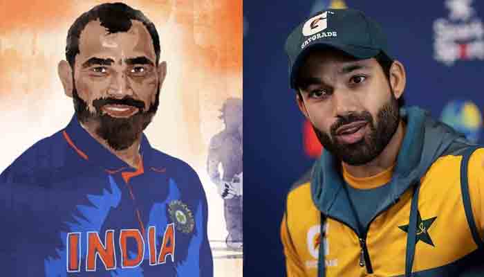 An illustration of Indian pacer Mohammad Shami (L) and Pakistans Mohammad Rizwan (R).