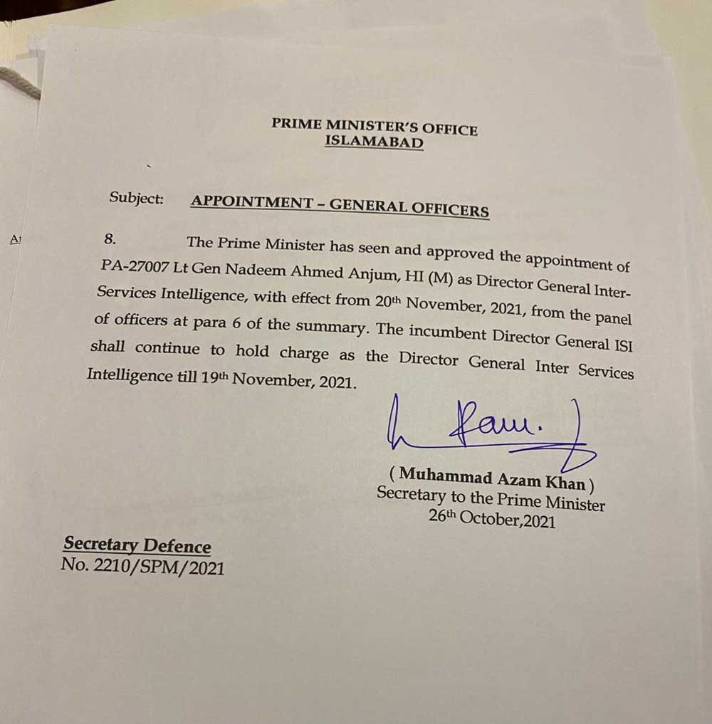 A copy of the notification issued by the Prime Ministers Office.