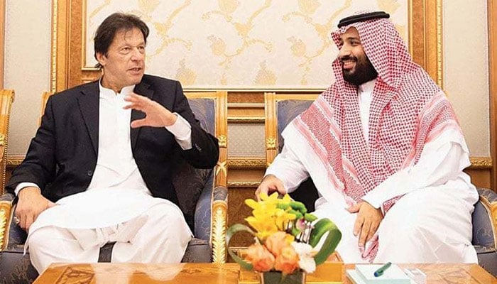 Prime Minister Imran Khan in conversation with Saudi Crown Prince Mohammed bin Salman. — Online/File