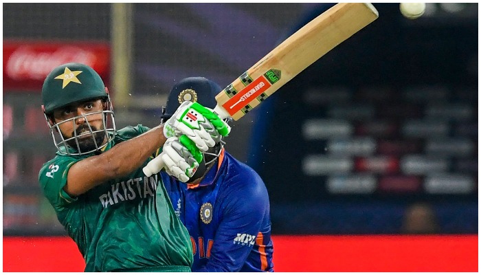 Babar Azam plays a shot during the ICC men’s Twenty20 World Cup cricket match between India and Pakistan at the Dubai International Cricket Stadium on October 24. — AFP