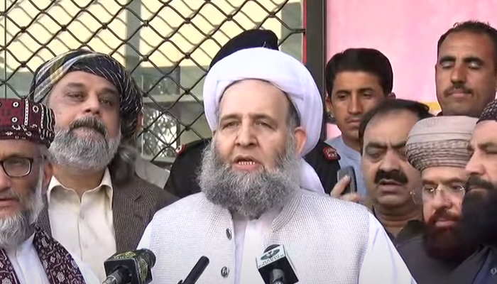 Minister of Religious Affairs and Interfaith Harmony Pir Noor-ul-Haq Qadri speaking during a press conference on Saturday, October 30, 2021. — Screengrab via Hum News Live
