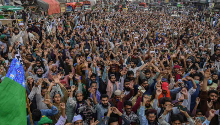 Supporters of Tehreek-e-Labbaik Pakistan (TLP) party gather in a protest march in Muridke, on October 24, 2021. — AFP/File