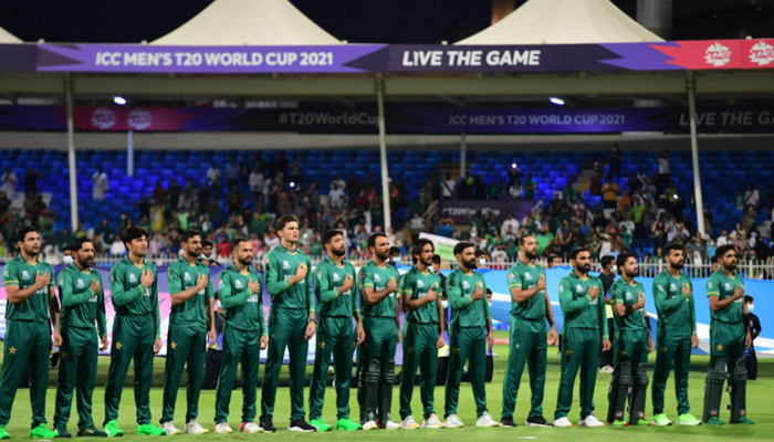 Pakistan´s players stand during the national anthem before the start of the ICC Twenty20 World Cup cricket match between Pakistan and Scotland at the Sharjah Cricket Stadium in Sharjah on November 7, 2021. — AFP/File