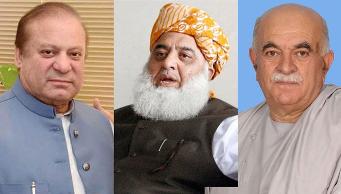 PML-N supremo Nawaz Sharif (L), JUI-F chief Maulana Fazlur Rehman and Mahmood Khan Achakzai (R). — File photo