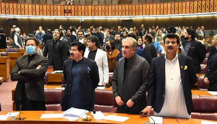 Prime Minister Imran Khan (left) at the Parliament during the joint sitting of the Parliament on November 17, 2021. — Twitter/NAofPakistan