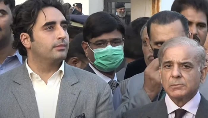 PPP Chairman Bilawal Bhutto (left) and Leader of the Opposition in the National Assembly Shahbaz Sharif speaking to media outside Parliament in Islamabad on November 17, 2021. — YouTube/HumNewsLive