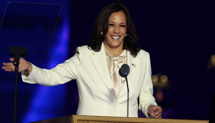 US Vice President Kamala Harris speaks on stage at the Chase Center before President-elect Joe Bidens address to the nation November 7, 2020 in Wilmington, Delaware. — AFP/File