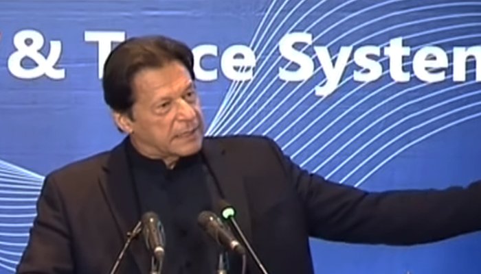 Prime Minister Imran Khan addressing the launch ceremony of the Federal Bureau of Investigations Track and Trace System, on November 23, 2021. — Geo News