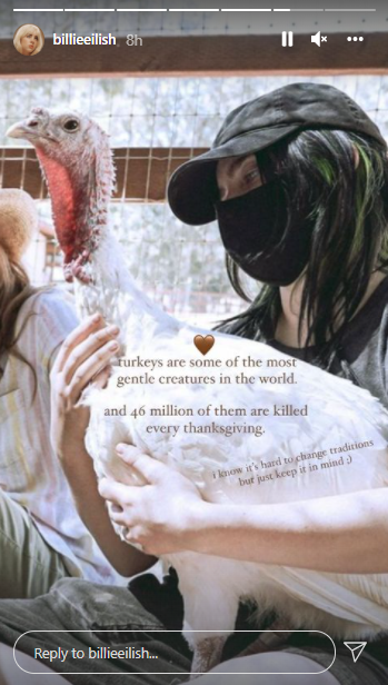 Billie Eilish advocates for veganism on Thanksgiving as she cradles a Turkey