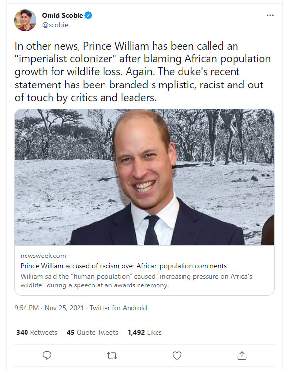 Prince William slammed for making ‘racist’ comments against African population surge