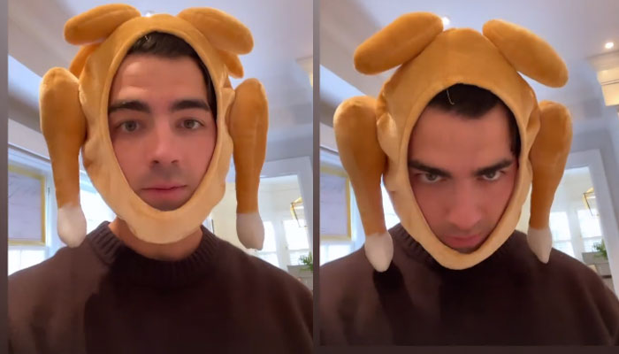 Joe Jonas goofs around wearing a Turkey hat to celebrate Thanksgiving
