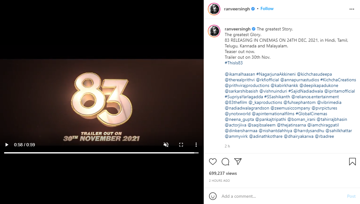 ’83’ teaser out: Ranveer Singh - Deepika Padukone starrer to release on Dec. 24
