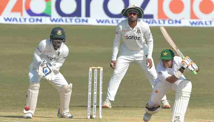 Pakistans Abid Ali plays a shot during the second innings of the first Test.