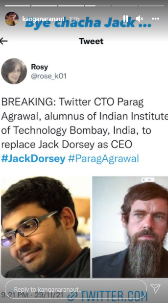Kangana Ranaut shares a hilarious farewell message for Twitter CEO