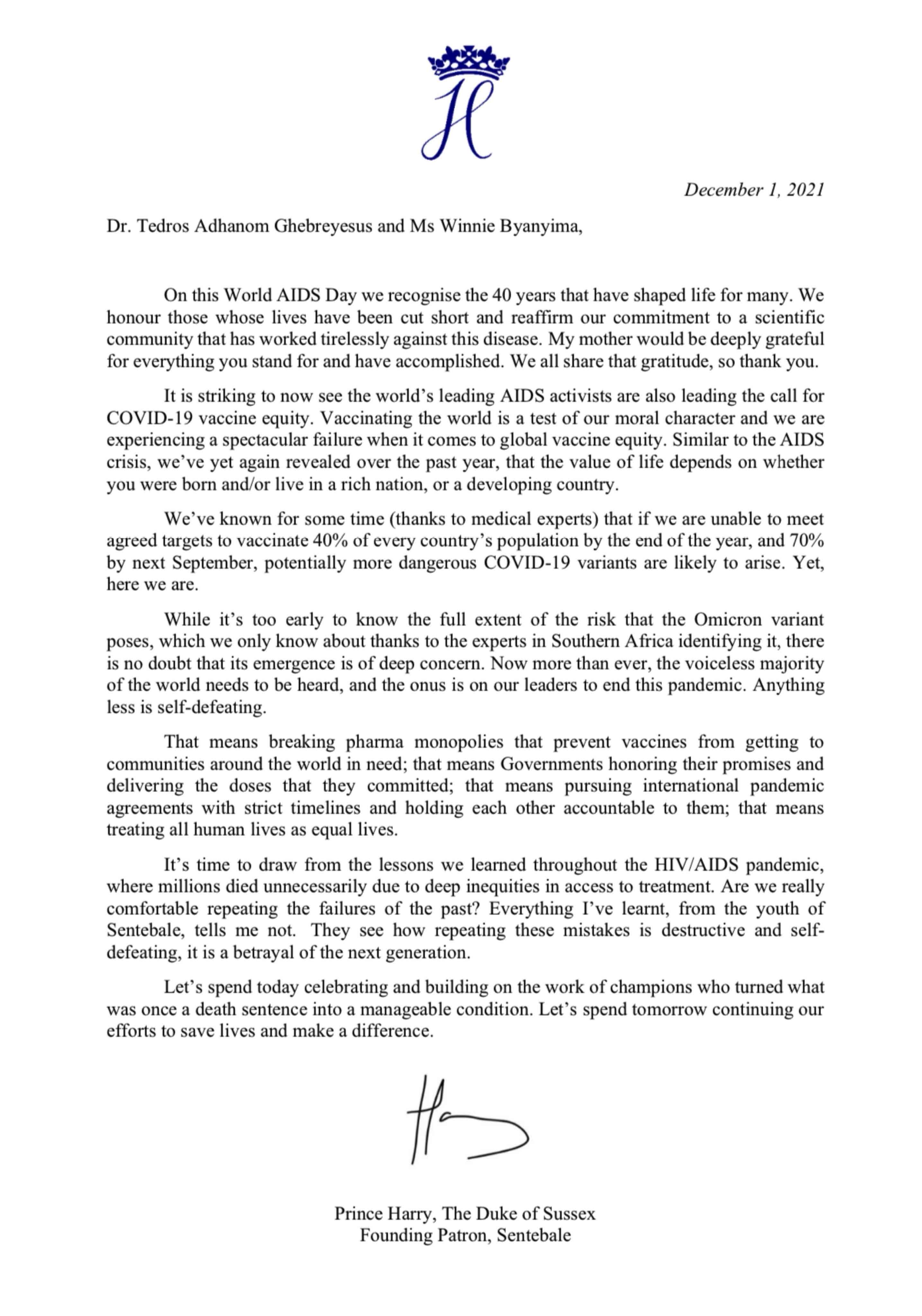 Full text of Prince Harrys letter read out at  UN AIDSs World AIDS Day event