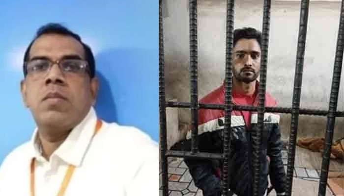 A file photo of Sri Lankan factory manager Diyawadanage Don Nandasri Priyantha (left) and a suspect (right) arrested in his lynching case.