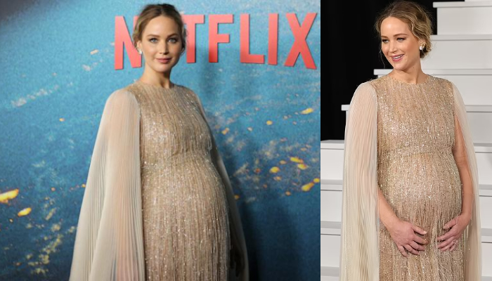 Mom-to-be Jennifer Lawrence stuns in gold gown at ‘Don’t Look Up’ premiere