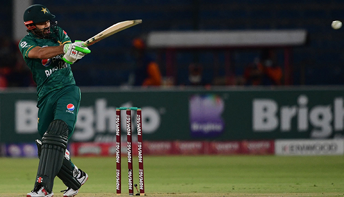 Pakistan´s Mohammad Rizwan plays a shot during the first Twenty20 international cricket match between Pakistan and West Indies at the National Stadium in Karachi on December 13, 2021. — AFP