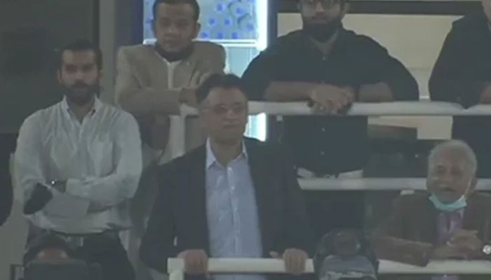 Federal Minister for Planning, Development and Special Initiatives Asad Umar is watching a cricket match between Pakistan and West Indies. Photo: screengrab