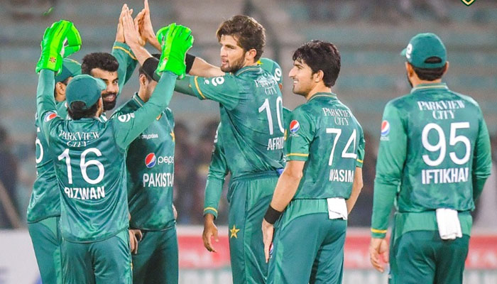 Pakistani bowlers celebrating after defeating Windies on Tuesday in the second fixture of the T20 International series at the National Stadium in Karachi. — Twitter/PCB