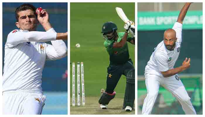 (L-R) Pakistan cricketers Shaheen Shah Afridi, Babar Azam and Sajid Khan.