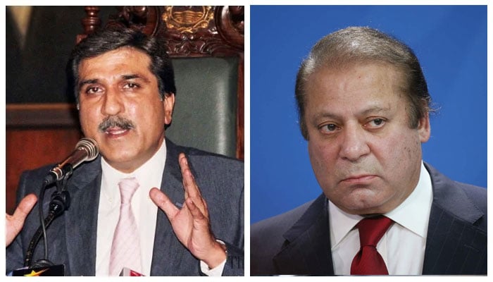 Former Punjab governor Makhdoom Ahmed Mehmood (L) and PML-N Supremo Nawaz Sharif (R). Photos: file