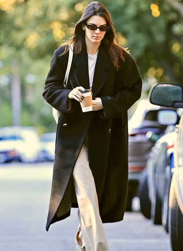Kendall Jenner exhibits her fashionista credentials in long black overcoat
