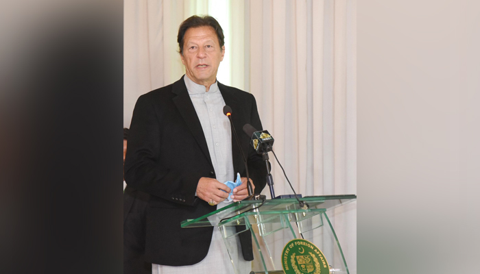 Prime Minister Imran Khan addressing officers of the Foreign Ministry in Islamabad during his visit to the Foreign Office in Islamabad on December 21, 2021. — PID