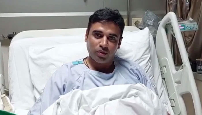 Pakistani Test cricketer Abid Ali shares a video message with fans following a heart procedure, in Karachi, on December 22, 2021. — PCB
