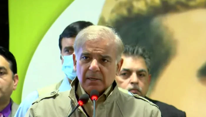 Leader of the Opposition Shahbaz Sharif addressing a PML-N gathering, in Lahore, on December 23, 2021. — YouTube/HumNews