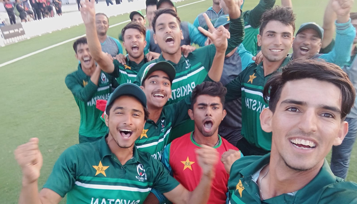 Pakistani U-19 team celebrating after beating India in the group stage of the Asian Cricket Councils (ACC) Under-19s Asia Cup in Dubai on December 25, 2021. — PCB