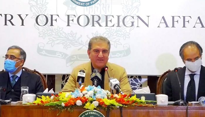 Foreign Minister Shah Mahmood Qureshi addressing a press conference in Islamabad, on January 3, 2021. — Facebook